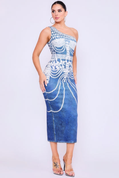 One Shoulder Denim Print Dress – Polyester & Spandex, Pearl Accents for Chic Style, Perfect for Casual & Semi-Formal Occasions