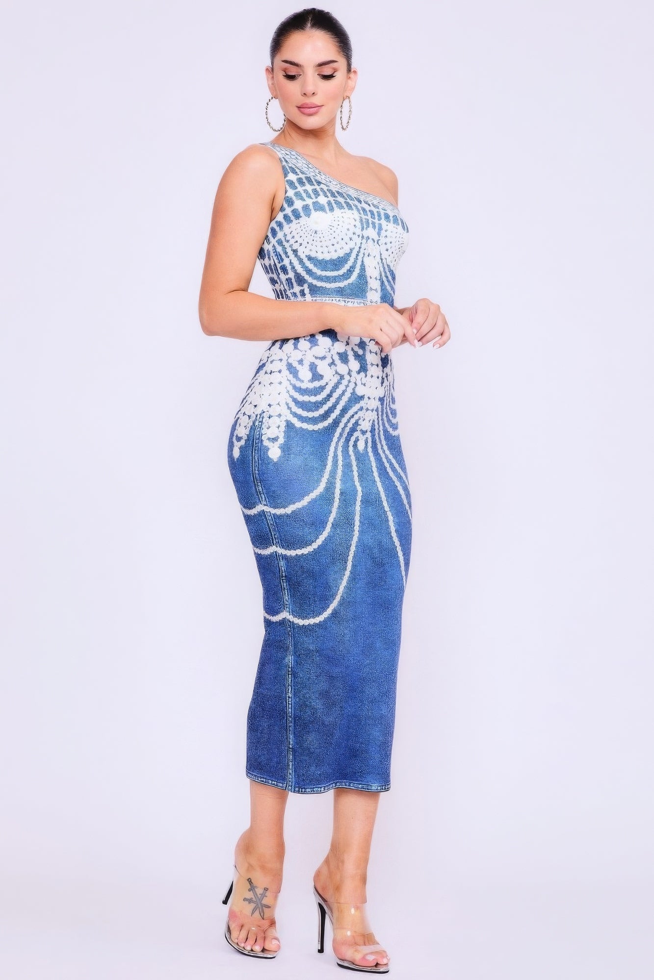 One Shoulder Denim Print Dress – Polyester & Spandex, Pearl Accents for Chic Style, Perfect for Casual & Semi-Formal Occasions