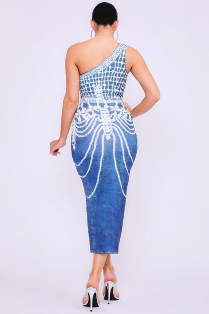 One Shoulder Denim Print Dress – Polyester & Spandex, Pearl Accents for Chic Style, Perfect for Casual & Semi-Formal Occasions