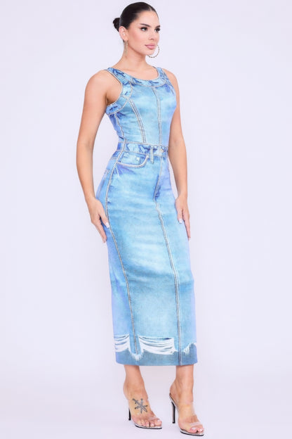 Denim Print Midi Dress – Versatile Comfort with a Flattering Fit for Every Occasion (95% Polyester, 5% Spandex) For Women