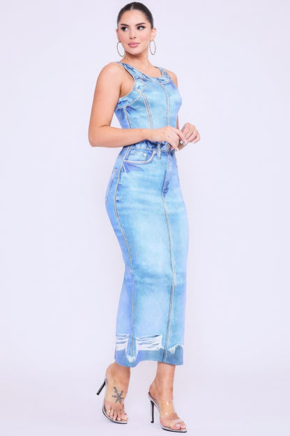 Denim Print Midi Dress – Versatile Comfort with a Flattering Fit for Every Occasion (95% Polyester, 5% Spandex) For Women