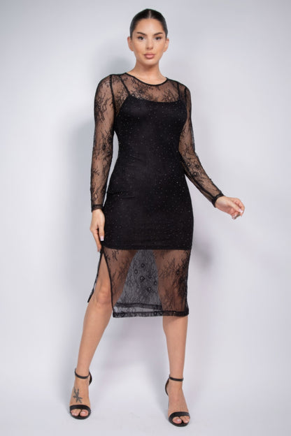 Lace Rhinestone-Studded Slit Midi Dress - Classic Round Neckline, Long Sleeves, Alluring Side Slit, and Mesh Inserts for Formal Events & Special Occasions