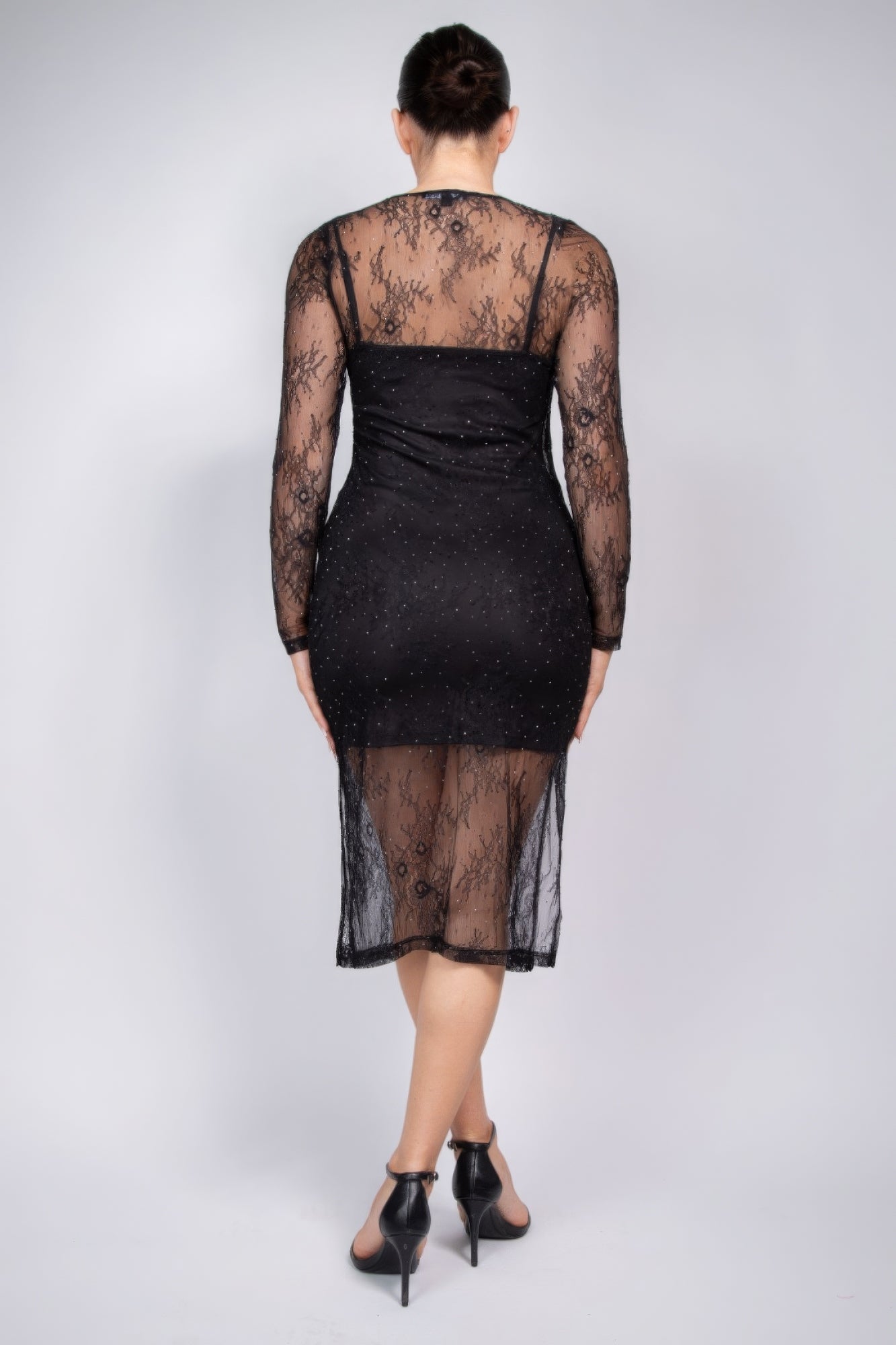 Lace Rhinestone-Studded Slit Midi Dress - Classic Round Neckline, Long Sleeves, Alluring Side Slit, and Mesh Inserts for Formal Events & Special Occasions