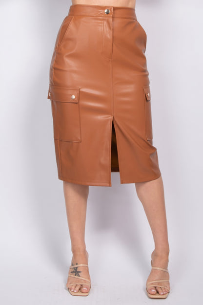 Faux Leather High-Rise Cargo Skirt | Edgy Midi Design with Front Slit & Practical Side Pockets for Effortless Style