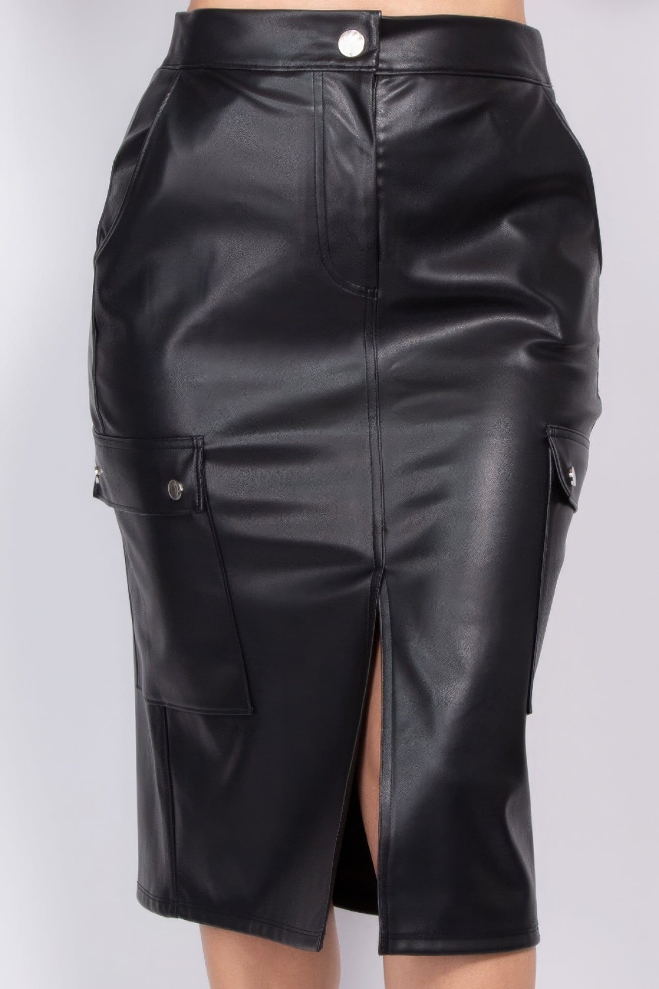 Faux Leather High-Rise Cargo Skirt | Edgy Midi Design with Front Slit & Practical Side Pockets for Effortless Style