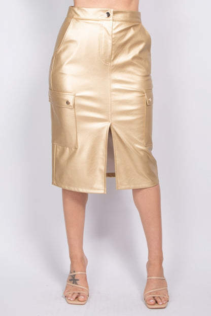 Faux Leather High-Rise Cargo Skirt | Edgy Midi Design with Front Slit & Practical Side Pockets for Effortless Style