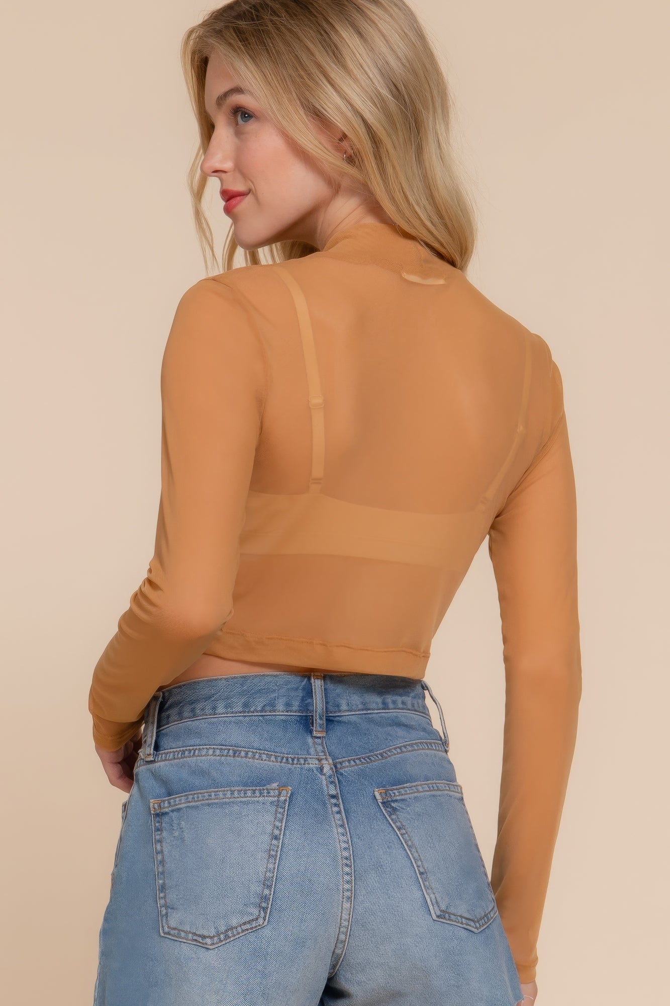 Long Sleeve Mock Neck Mesh Top - Smooth, Stretchy Nylon-Spandex Blend, Perfect for Layering or Styling with High-Waisted Bottoms