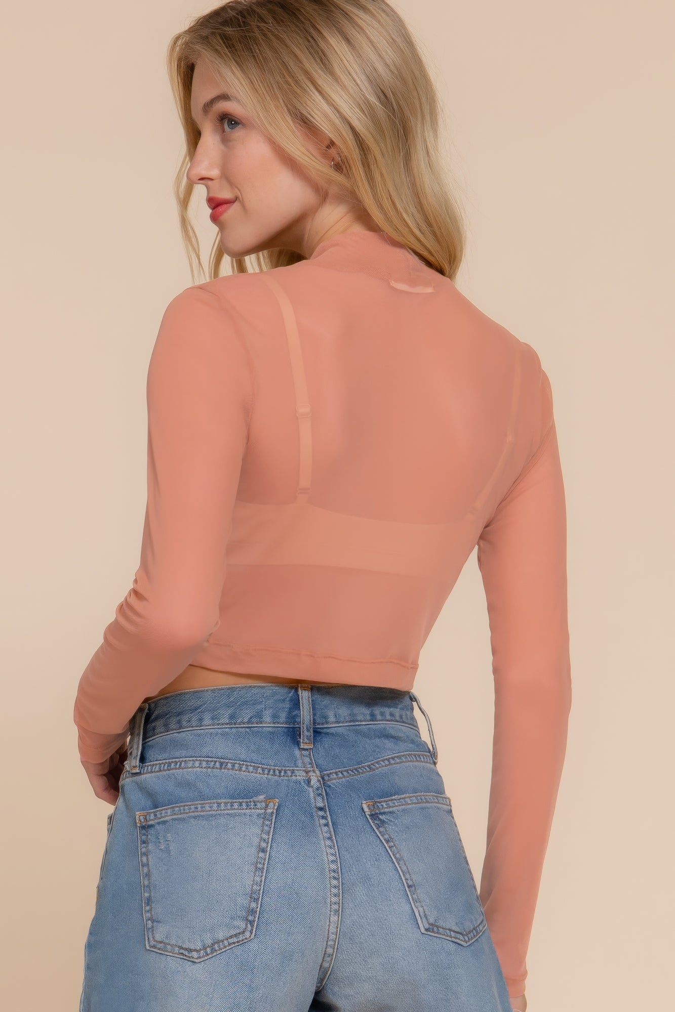 Long Sleeve Mock Neck Mesh Top - Smooth, Stretchy Nylon-Spandex Blend, Perfect for Layering or Styling with High-Waisted Bottoms