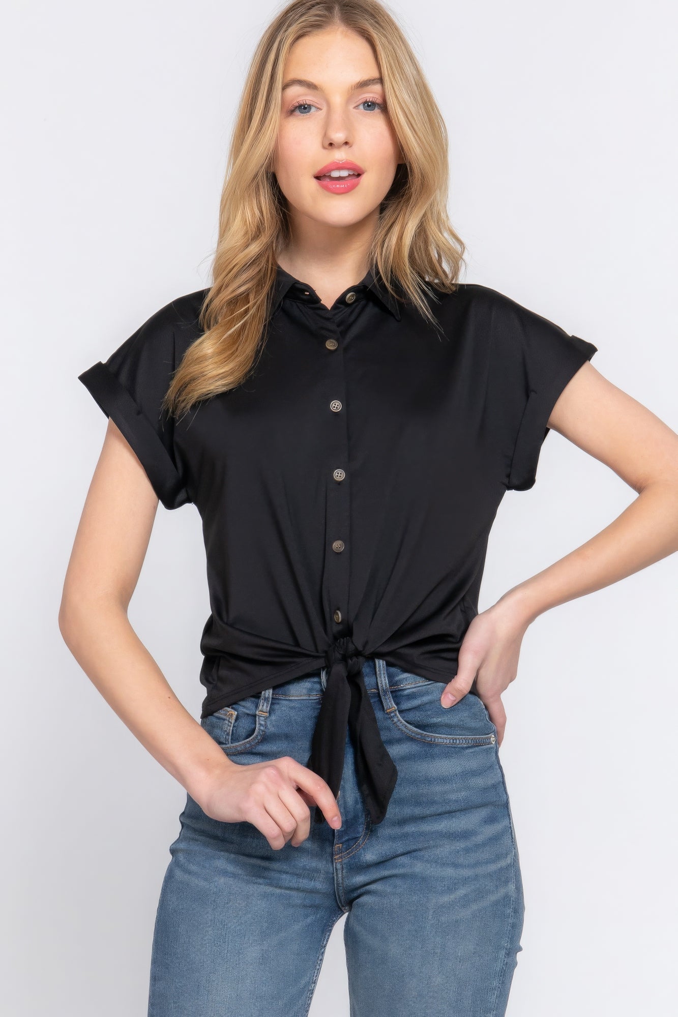 Short Sleeve Front Tie Stretch Top – ITY Blend of Polyester & Spandex, Smooth & Stretchy, Perfect for Casual Outings & Semi-Formal Events