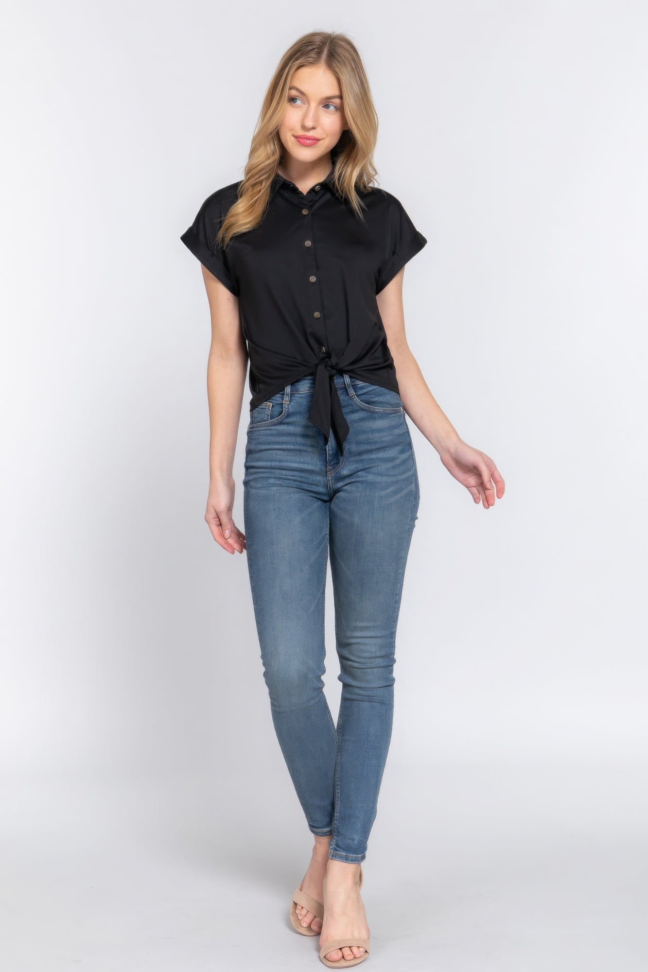 Short Sleeve Front Tie Stretch Top – ITY Blend of Polyester & Spandex, Smooth & Stretchy, Perfect for Casual Outings & Semi-Formal Events