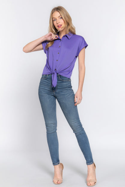 Short Sleeve Front Tie Stretch Top – ITY Blend of Polyester & Spandex, Smooth & Stretchy, Perfect for Casual Outings & Semi-Formal Events