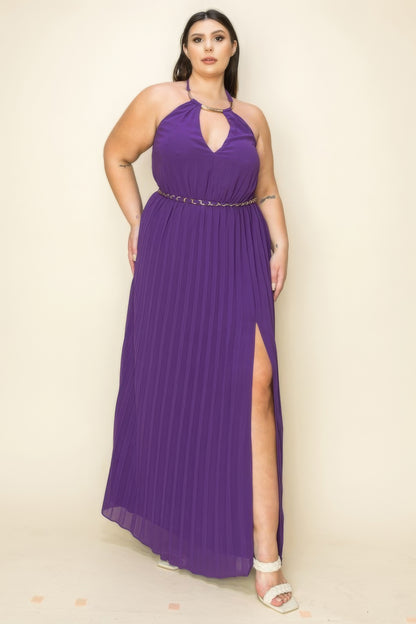 Shop Chiffon Pleated Maxi Dress with Gold Trim Neck & Belt Cut Out Chest – Elegant, Chic, and Stunning for Special Events