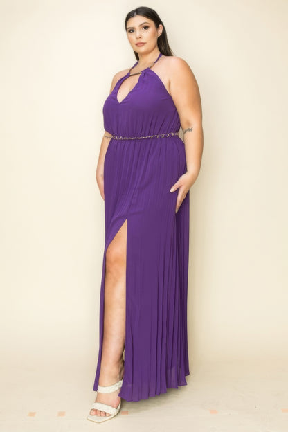 Shop Chiffon Pleated Maxi Dress with Gold Trim Neck & Belt Cut Out Chest – Elegant, Chic, and Stunning for Special Events