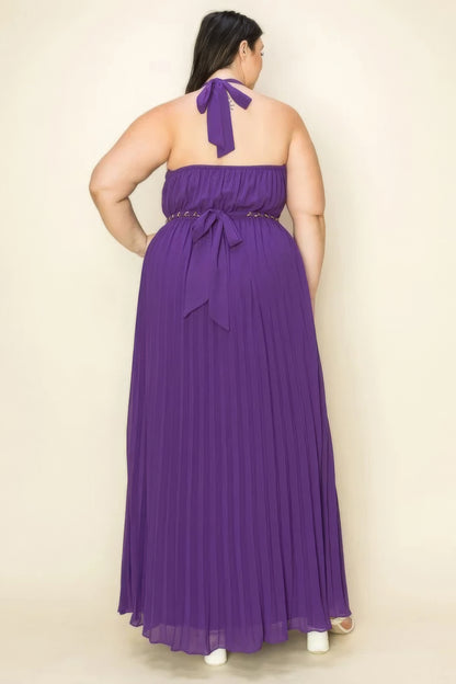 Shop Chiffon Pleated Maxi Dress with Gold Trim Neck & Belt Cut Out Chest – Elegant, Chic, and Stunning for Special Events