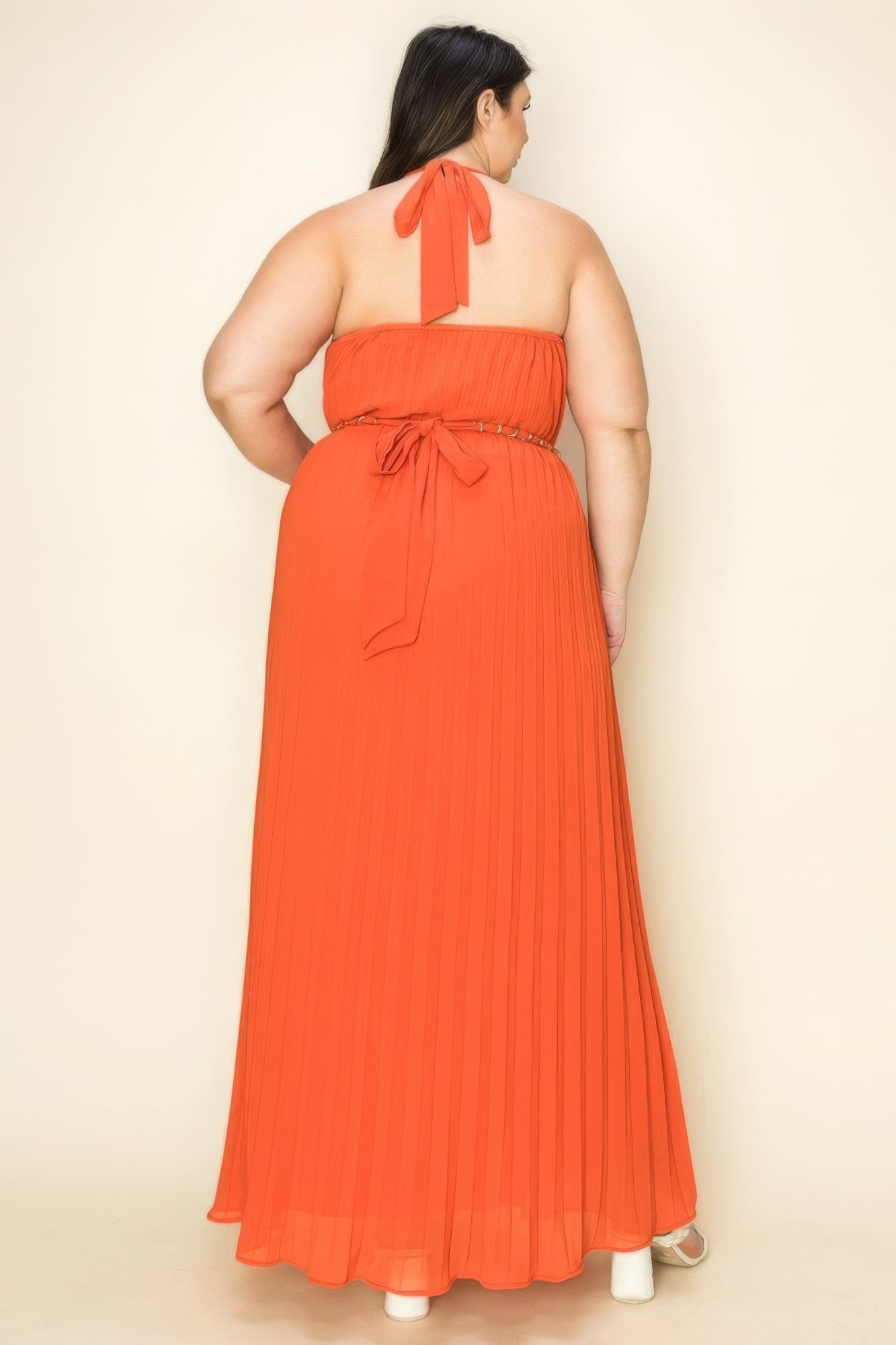 Shop Chiffon Pleated Maxi Dress with Gold Trim Neck & Belt Cut Out Chest – Elegant, Chic, and Stunning for Special Events