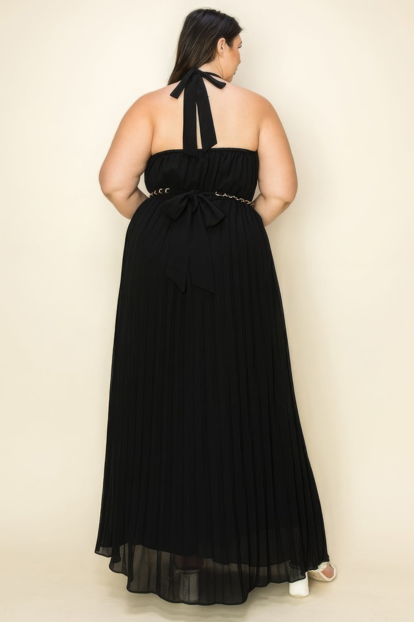 Shop Chiffon Pleated Maxi Dress with Gold Trim Neck & Belt Cut Out Chest – Elegant, Chic, and Stunning for Special Events