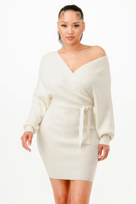 Off-Shoulder Wrap Belted Ribbed Sweater Dress – Polyester & Nylon Blend, Figure-Flattering Long Sleeve Dress for Elegance & Warmth