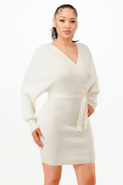 Off-Shoulder Wrap Belted Ribbed Sweater Dress – Polyester & Nylon Blend, Figure-Flattering Long Sleeve Dress for Elegance & Warmth