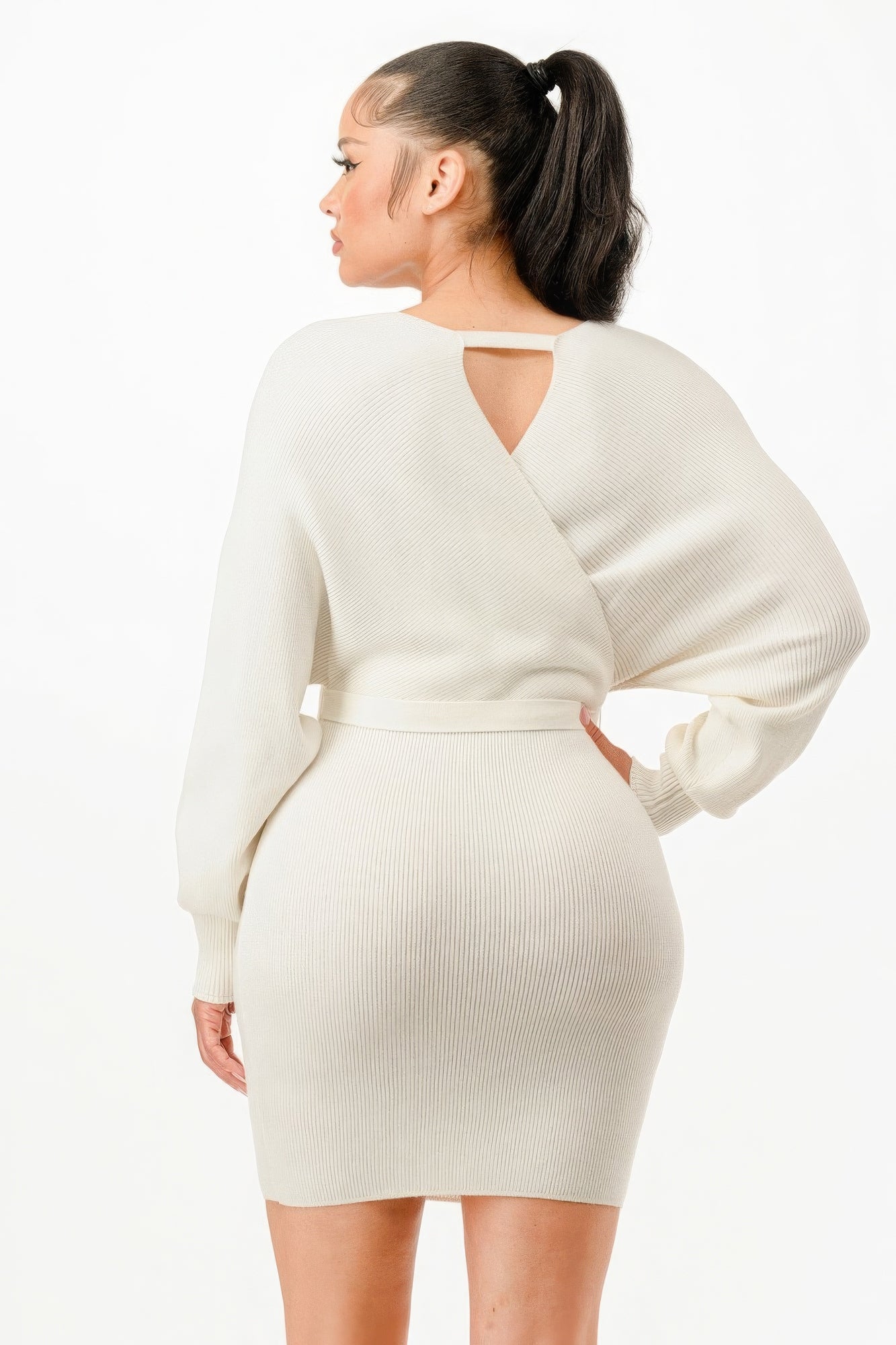 Off-Shoulder Wrap Belted Ribbed Sweater Dress – Polyester & Nylon Blend, Figure-Flattering Long Sleeve Dress for Elegance & Warmth