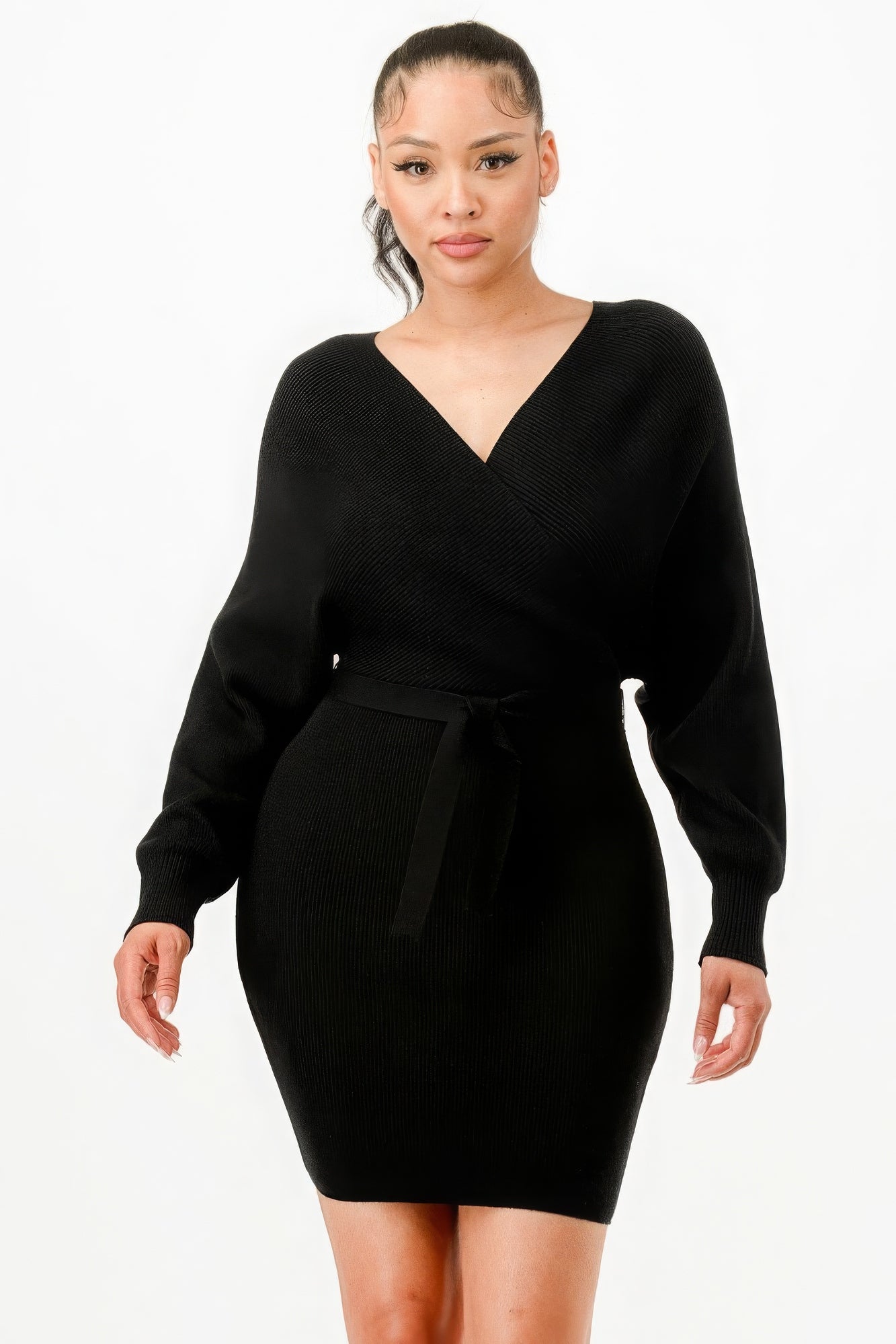 Off-Shoulder Wrap Belted Ribbed Sweater Dress – Polyester & Nylon Blend, Figure-Flattering Long Sleeve Dress for Elegance & Warmth