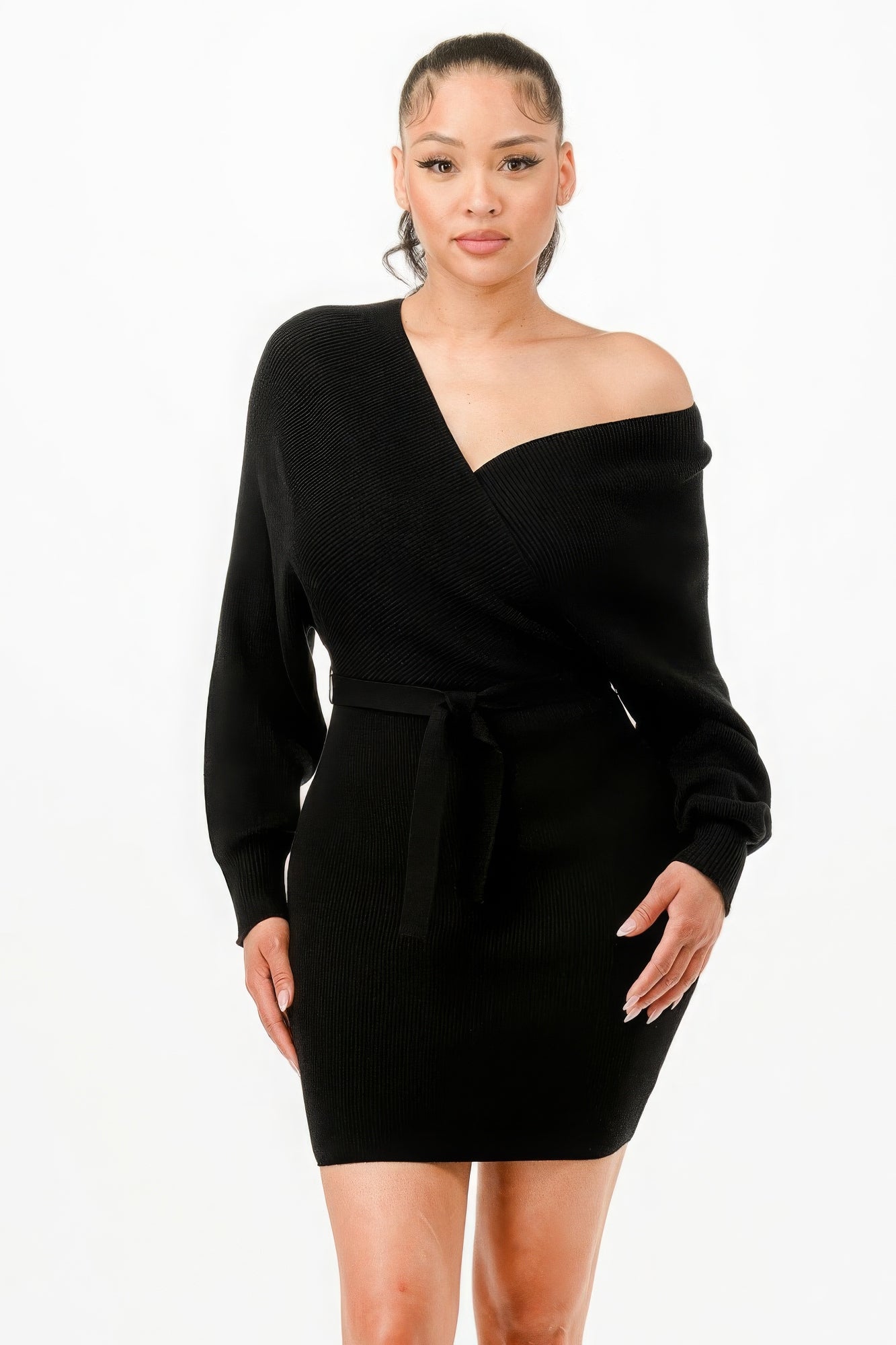 Off-Shoulder Wrap Belted Ribbed Sweater Dress – Polyester & Nylon Blend, Figure-Flattering Long Sleeve Dress for Elegance & Warmth