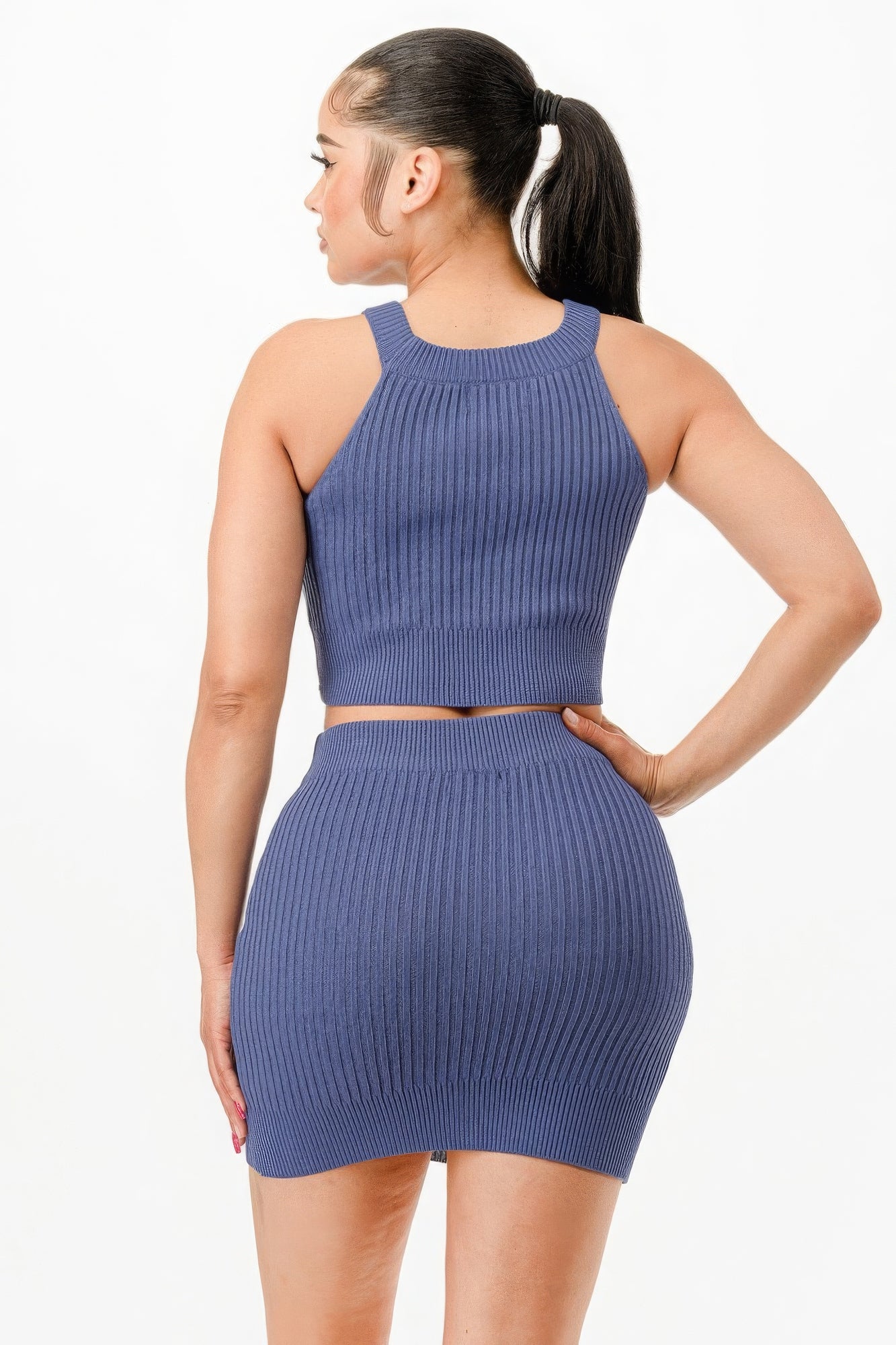 Halter Neck Tank Top and Bodycon Mini Skirt Set – 90% Polyester and 10% Nylon for Comfort and Versatility in Denim Style