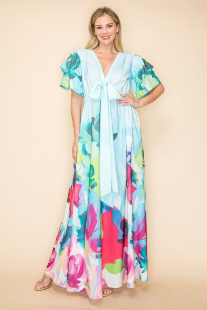 Printed V-Neck Maxi Dress – Elastic Waistband, Self-Tie Ribbon, Practical Pockets, Vibrant Multi-Colored Print, Perfect for Beach Vacations, Summer Parties & Casual Outings