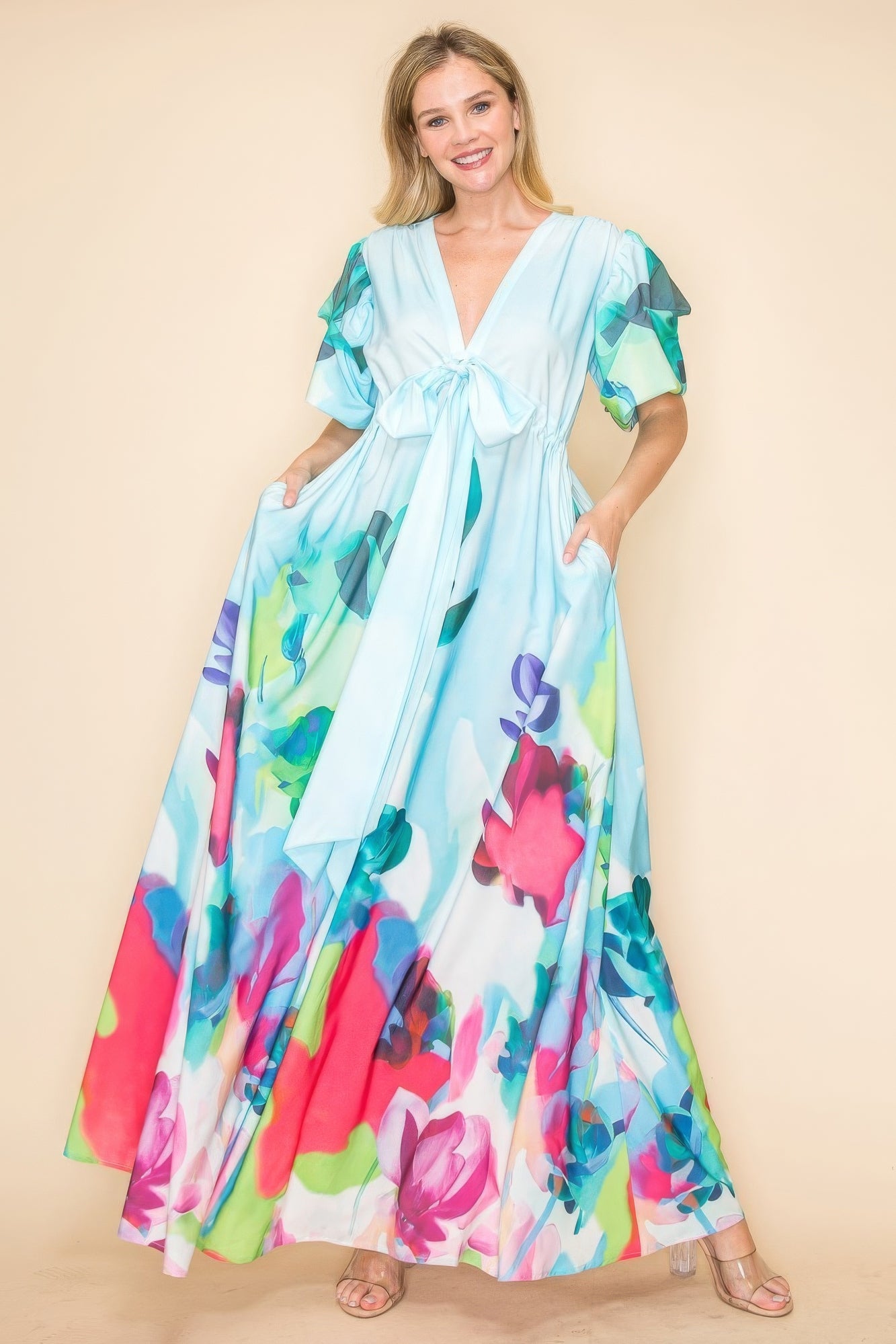 Printed V-Neck Maxi Dress – Elastic Waistband, Self-Tie Ribbon, Practical Pockets, Vibrant Multi-Colored Print, Perfect for Beach Vacations, Summer Parties & Casual Outings