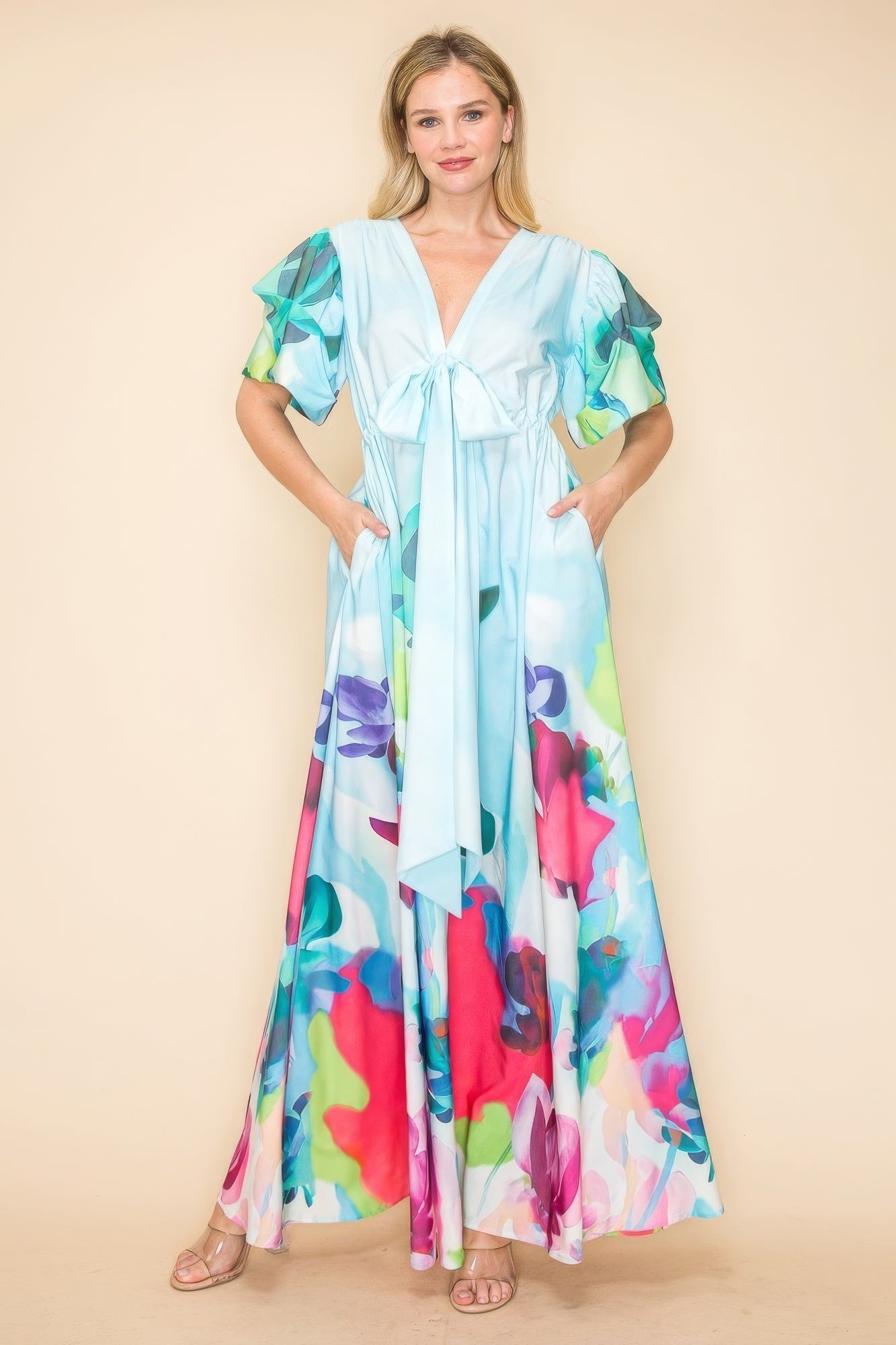 Printed V-Neck Maxi Dress – Elastic Waistband, Self-Tie Ribbon, Practical Pockets, Vibrant Multi-Colored Print, Perfect for Beach Vacations, Summer Parties & Casual Outings