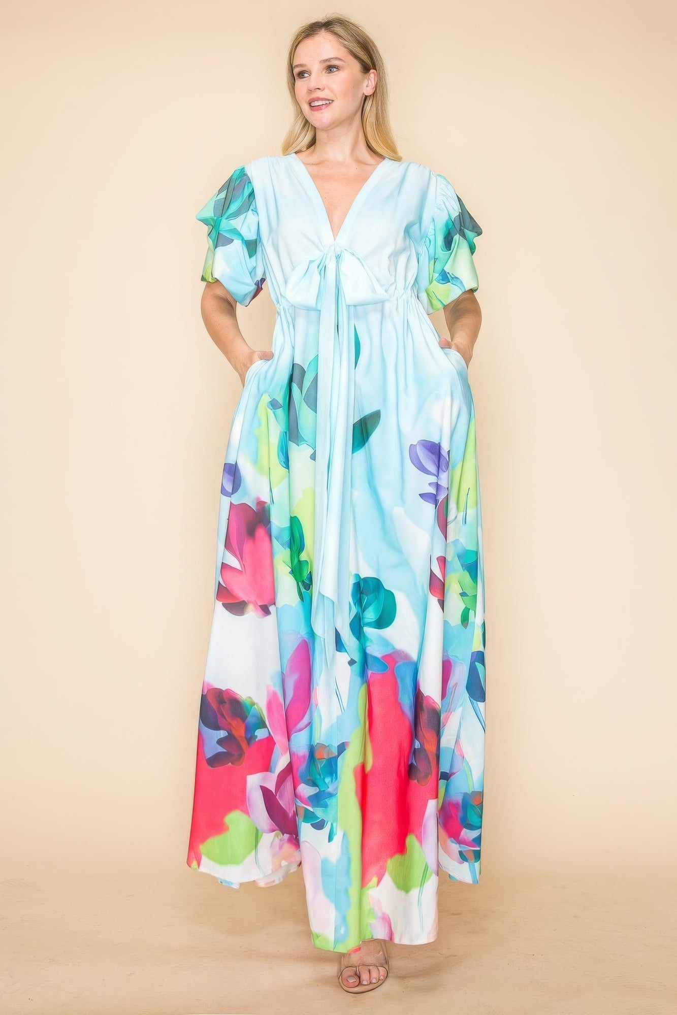 Printed V-Neck Maxi Dress – Elastic Waistband, Self-Tie Ribbon, Practical Pockets, Vibrant Multi-Colored Print, Perfect for Beach Vacations, Summer Parties & Casual Outings