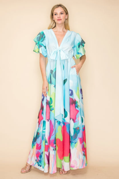 Printed V-Neck Maxi Dress – Elastic Waistband, Self-Tie Ribbon, Practical Pockets, Vibrant Multi-Colored Print, Perfect for Beach Vacations, Summer Parties & Casual Outings