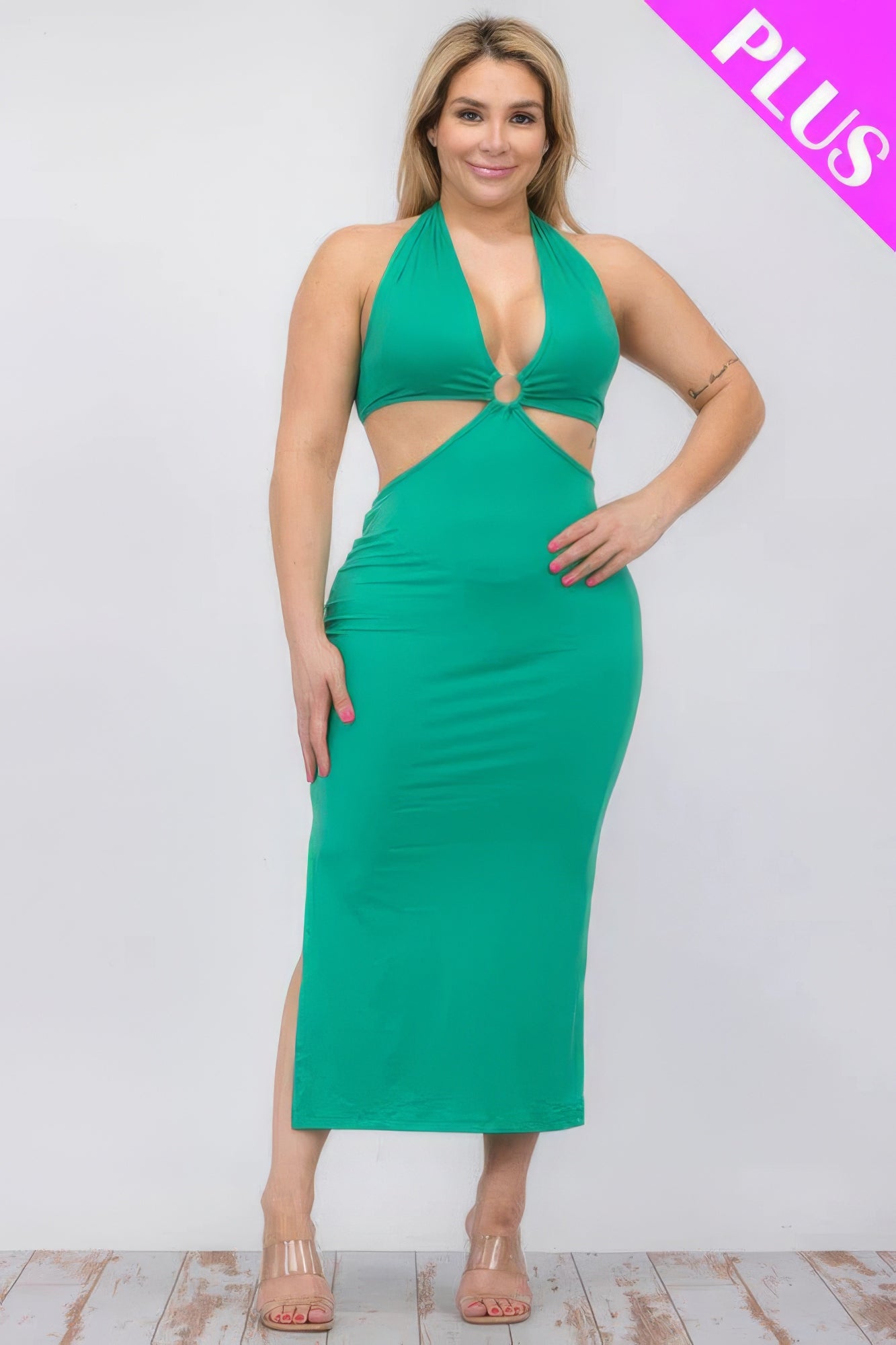 Plus Size Cut-Out Halter Neck Double Back Tie Split Thigh Midi Dress – Polyester & Spandex, Bodycon Fit, Flattering Cut-Out Design, Perfect for Special Occasions & Evening Events