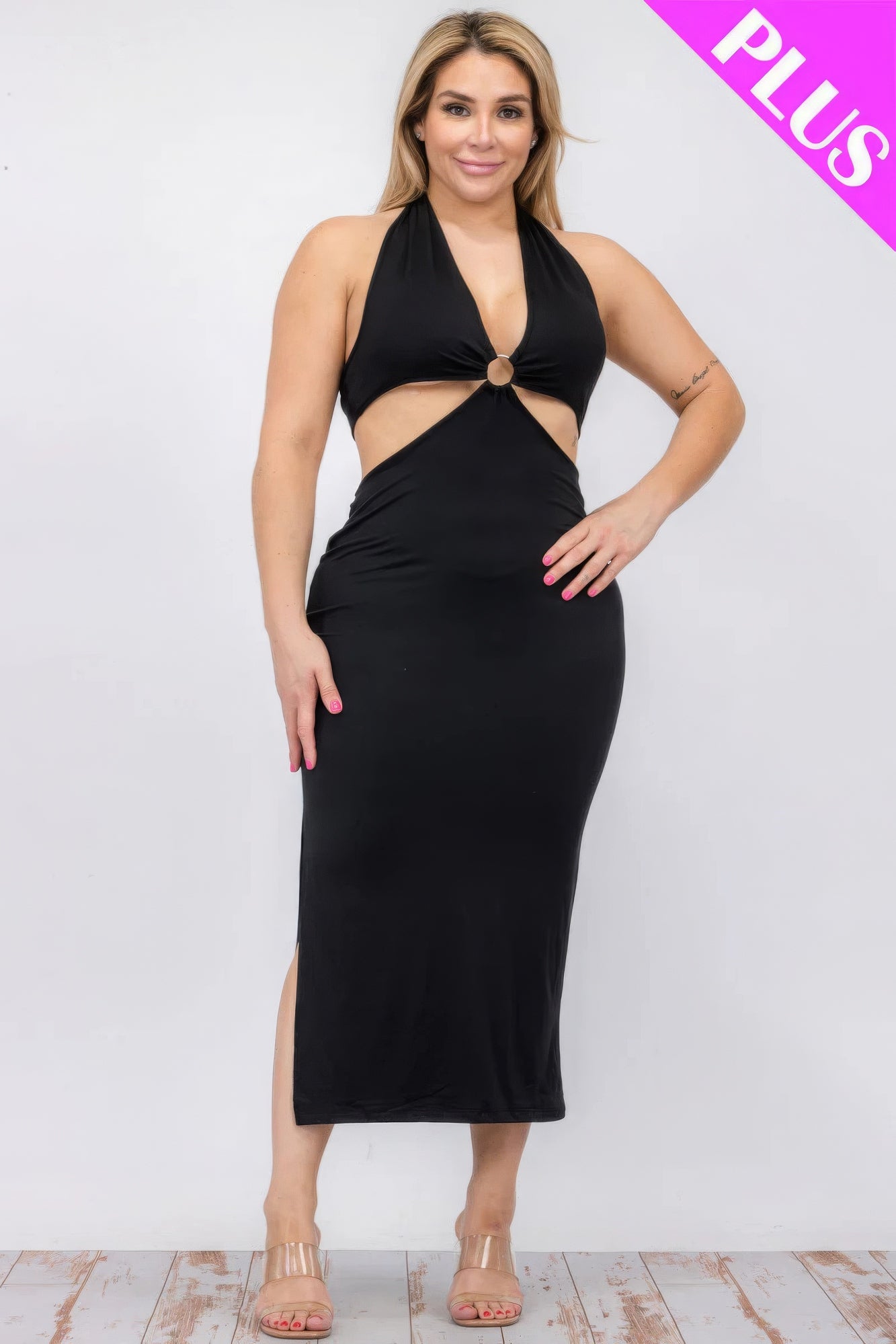 Plus Size Cut-Out Halter Neck Double Back Tie Split Thigh Midi Dress – Polyester & Spandex, Bodycon Fit, Flattering Cut-Out Design, Perfect for Special Occasions & Evening Events