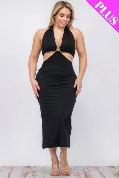 Plus Size Cut-Out Halter Neck Double Back Tie Split Thigh Midi Dress – Polyester & Spandex, Bodycon Fit, Flattering Cut-Out Design, Perfect for Special Occasions & Evening Events