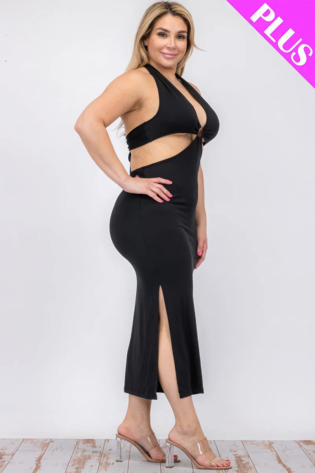 Plus Size Cut-Out Halter Neck Double Back Tie Split Thigh Midi Dress – Polyester & Spandex, Bodycon Fit, Flattering Cut-Out Design, Perfect for Special Occasions & Evening Events