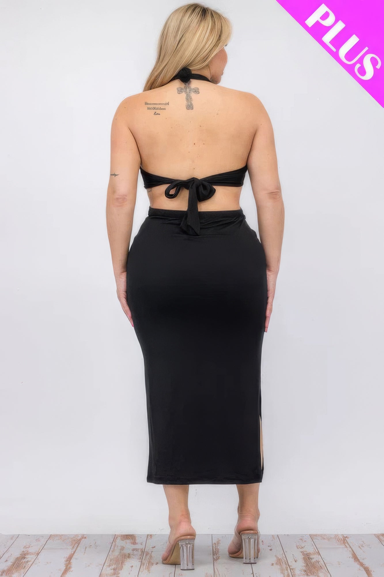 Plus Size Cut-Out Halter Neck Double Back Tie Split Thigh Midi Dress – Polyester & Spandex, Bodycon Fit, Flattering Cut-Out Design, Perfect for Special Occasions & Evening Events