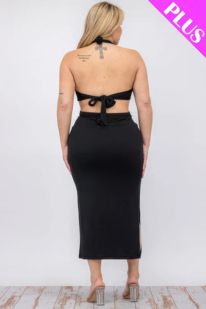 Plus Size Cut-Out Halter Neck Double Back Tie Split Thigh Midi Dress – Polyester & Spandex, Bodycon Fit, Flattering Cut-Out Design, Perfect for Special Occasions & Evening Events