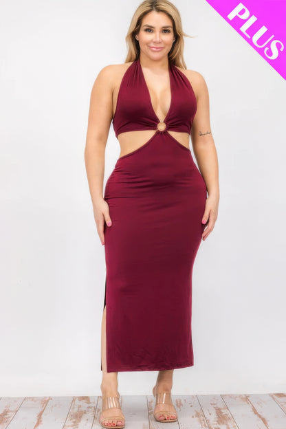 Plus Size Cut-Out Halter Neck Double Back Tie Split Thigh Midi Dress – Polyester & Spandex, Bodycon Fit, Flattering Cut-Out Design, Perfect for Special Occasions & Evening Events