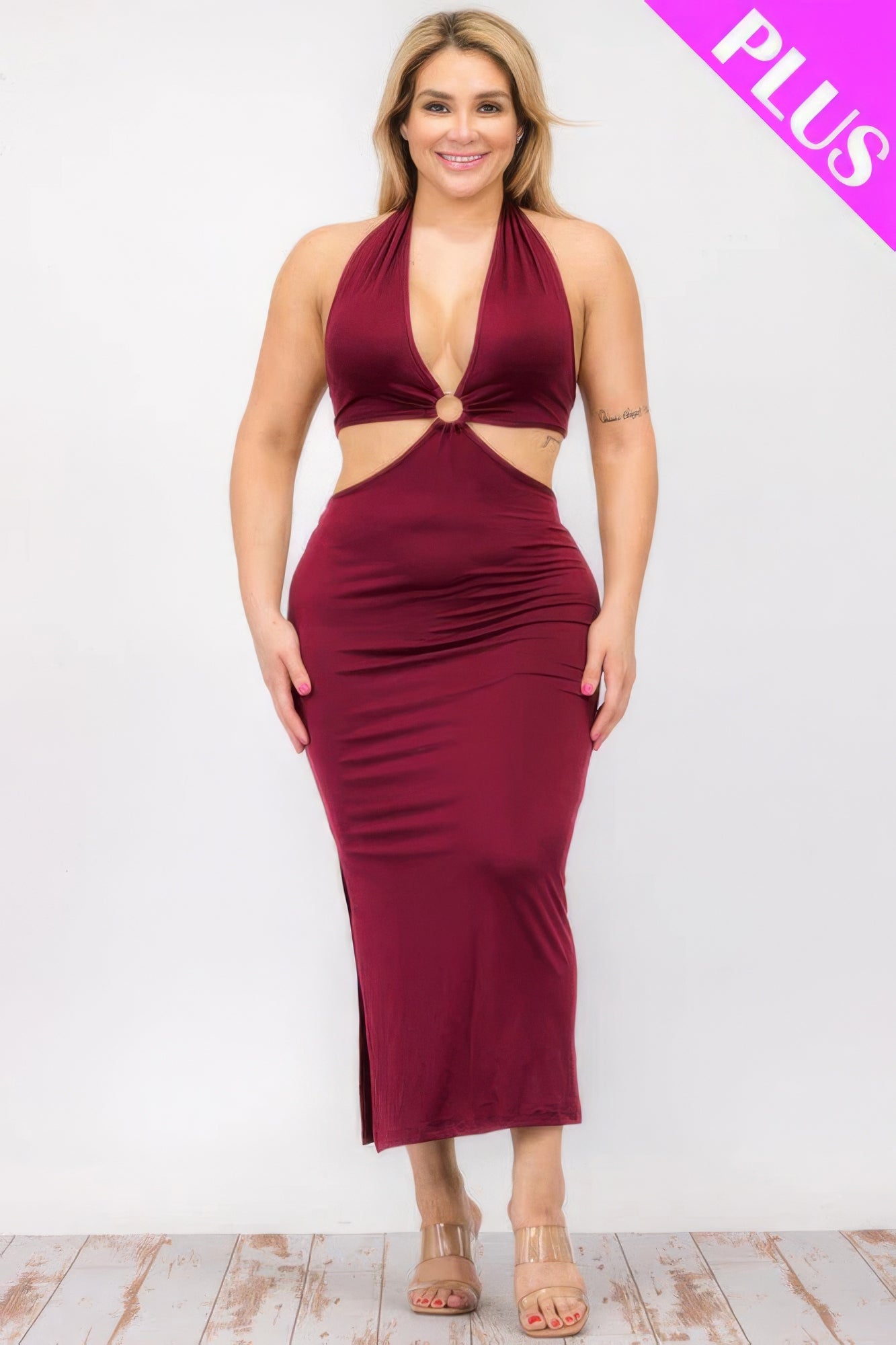 Plus Size Cut-Out Halter Neck Double Back Tie Split Thigh Midi Dress – Polyester & Spandex, Bodycon Fit, Flattering Cut-Out Design, Perfect for Special Occasions & Evening Events