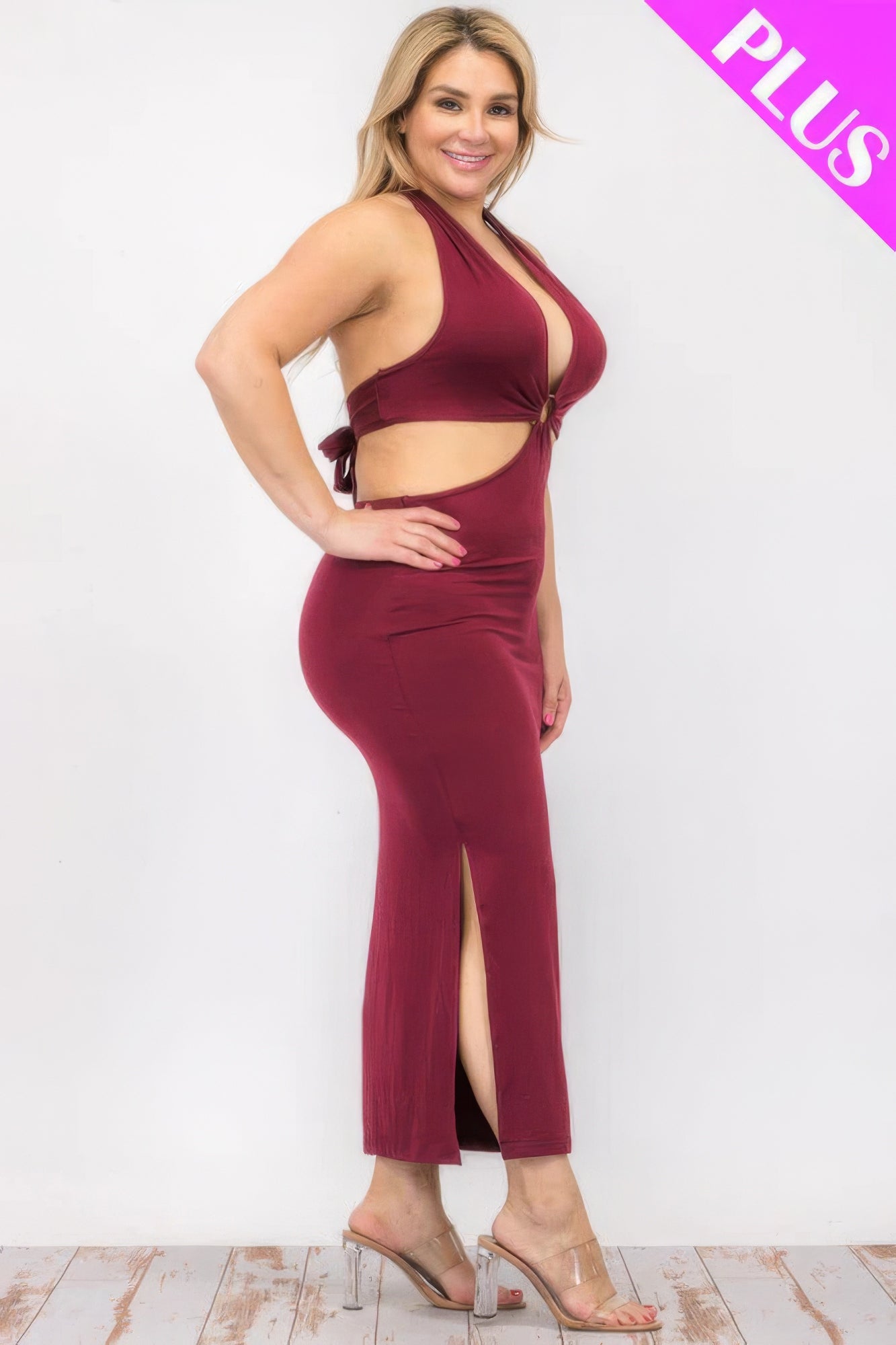 Plus Size Cut-Out Halter Neck Double Back Tie Split Thigh Midi Dress – Polyester & Spandex, Bodycon Fit, Flattering Cut-Out Design, Perfect for Special Occasions & Evening Events