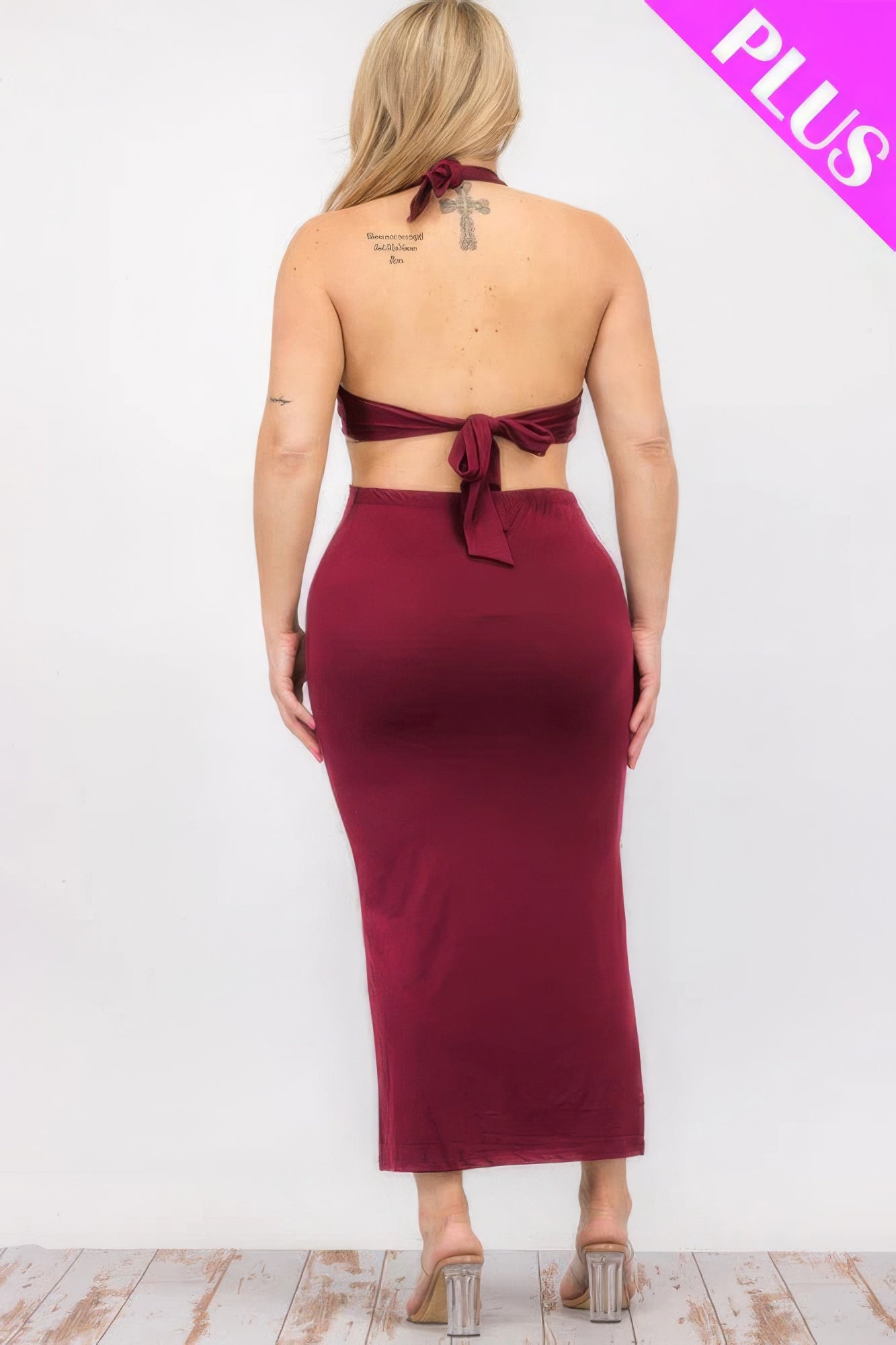 Plus Size Cut-Out Halter Neck Double Back Tie Split Thigh Midi Dress – Polyester & Spandex, Bodycon Fit, Flattering Cut-Out Design, Perfect for Special Occasions & Evening Events