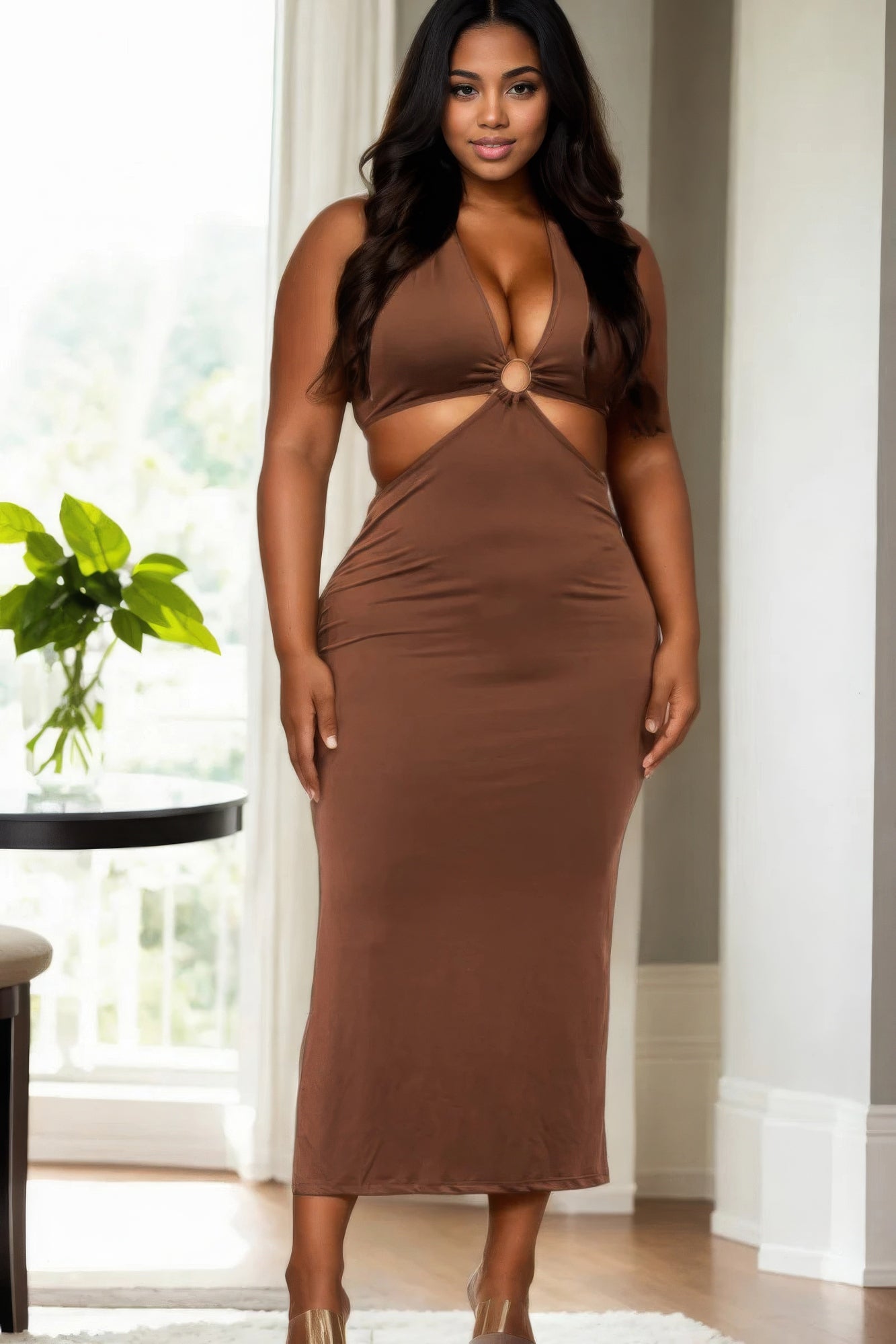 Plus Size Cut-Out Halter Neck Double Back Tie Split Thigh Midi Dress – Polyester & Spandex, Bodycon Fit, Flattering Cut-Out Design, Perfect for Special Occasions & Evening Events