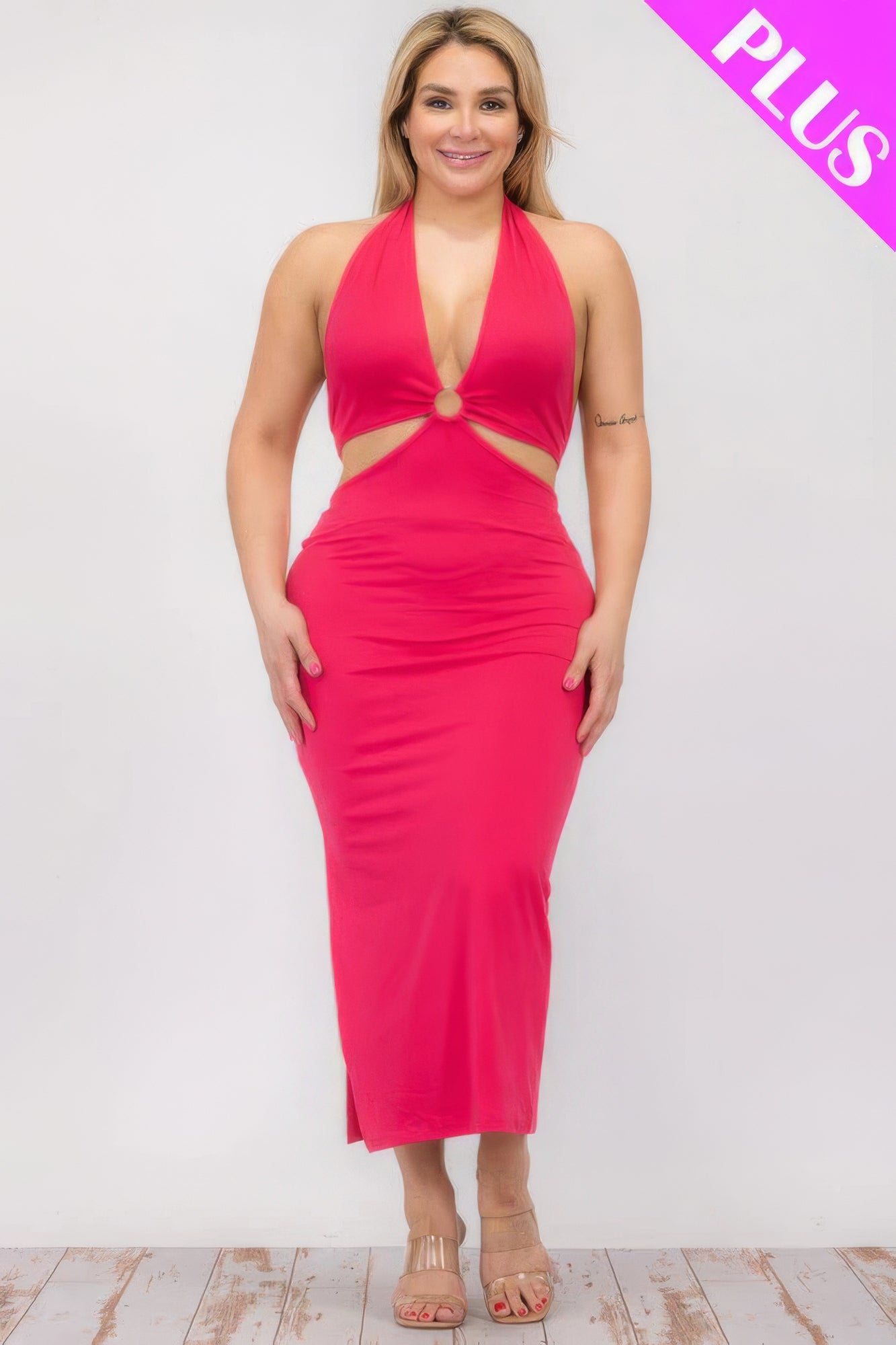 Plus Size Cut-Out Halter Neck Double Back Tie Split Thigh Midi Dress – Polyester & Spandex, Bodycon Fit, Flattering Cut-Out Design, Perfect for Special Occasions & Evening Events