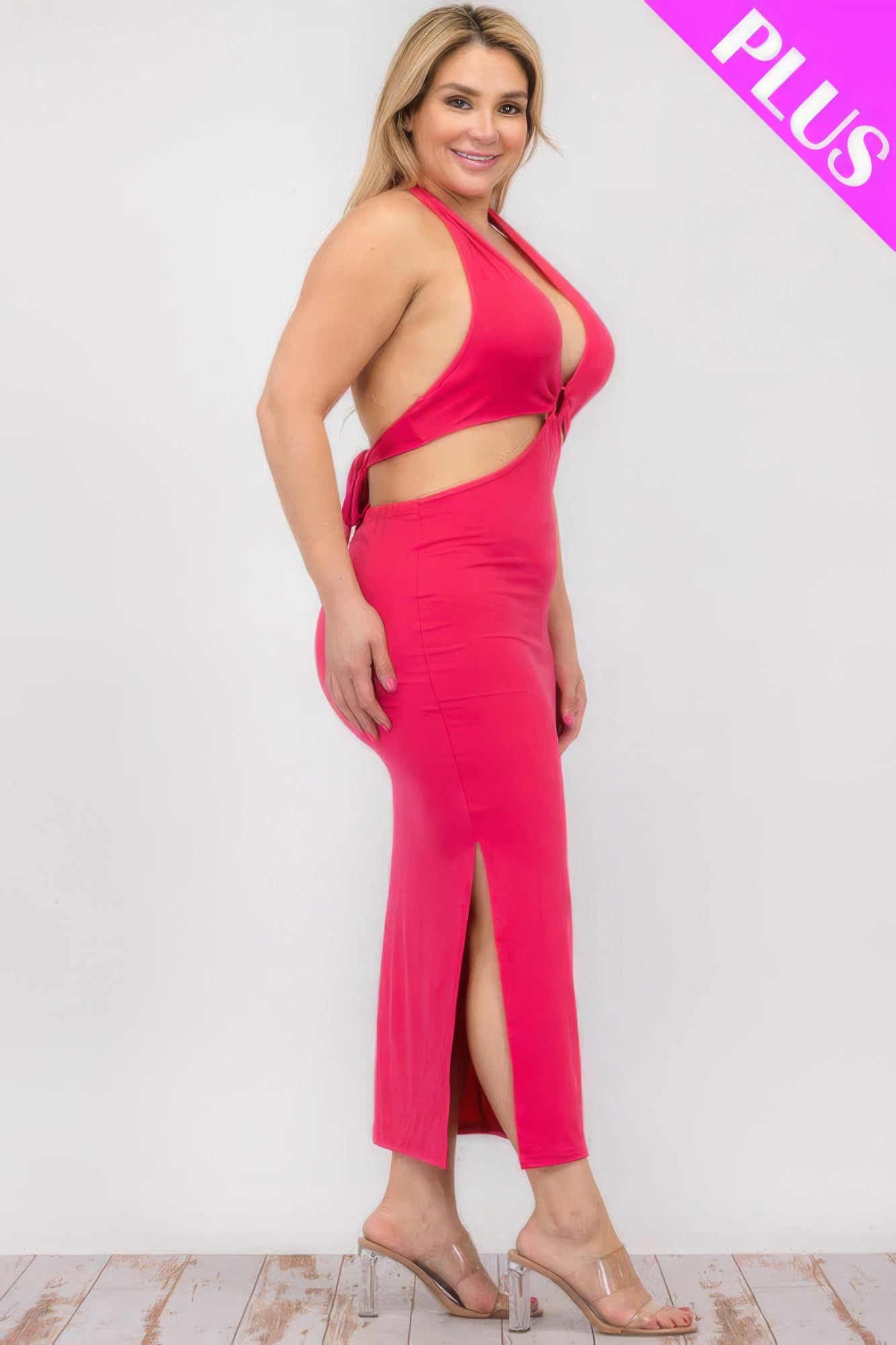 Plus Size Cut-Out Halter Neck Double Back Tie Split Thigh Midi Dress – Polyester & Spandex, Bodycon Fit, Flattering Cut-Out Design, Perfect for Special Occasions & Evening Events