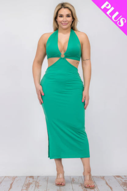 Plus Size Cut-Out Halter Neck Double Back Tie Split Thigh Midi Dress – Polyester & Spandex, Bodycon Fit, Flattering Cut-Out Design, Perfect for Special Occasions & Evening Events