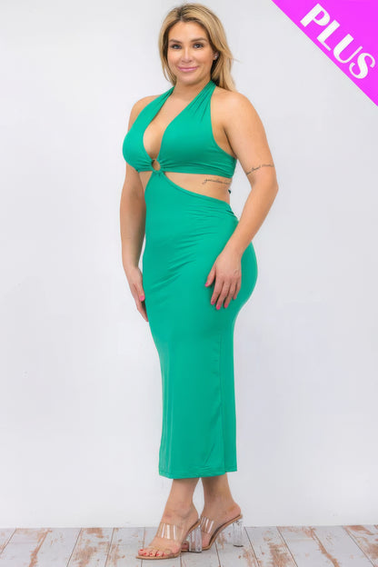 Plus Size Cut-Out Halter Neck Double Back Tie Split Thigh Midi Dress – Polyester & Spandex, Bodycon Fit, Flattering Cut-Out Design, Perfect for Special Occasions & Evening Events