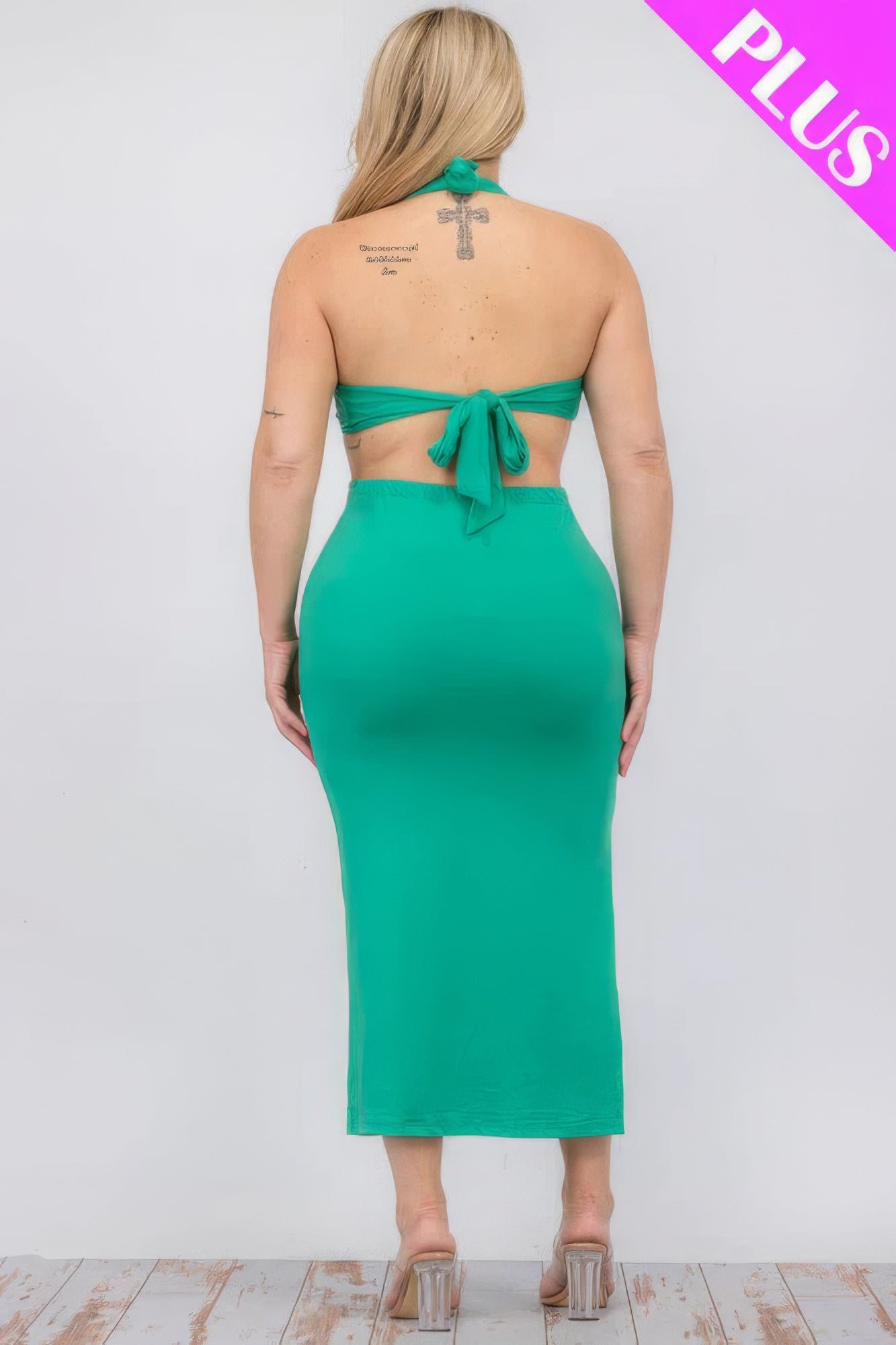 Plus Size Cut-Out Halter Neck Double Back Tie Split Thigh Midi Dress – Polyester & Spandex, Bodycon Fit, Flattering Cut-Out Design, Perfect for Special Occasions & Evening Events