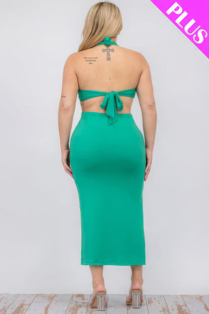 Plus Size Cut-Out Halter Neck Double Back Tie Split Thigh Midi Dress – Polyester & Spandex, Bodycon Fit, Flattering Cut-Out Design, Perfect for Special Occasions & Evening Events