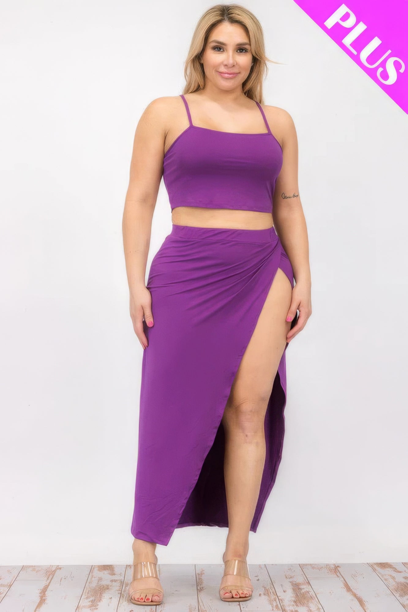 Plus Size Crop Cami & Split Thigh Maxi Skirt Set – Polyester & Spandex, Flattering Plus-Size Fit, Perfect for Casual Outings & Formal Events