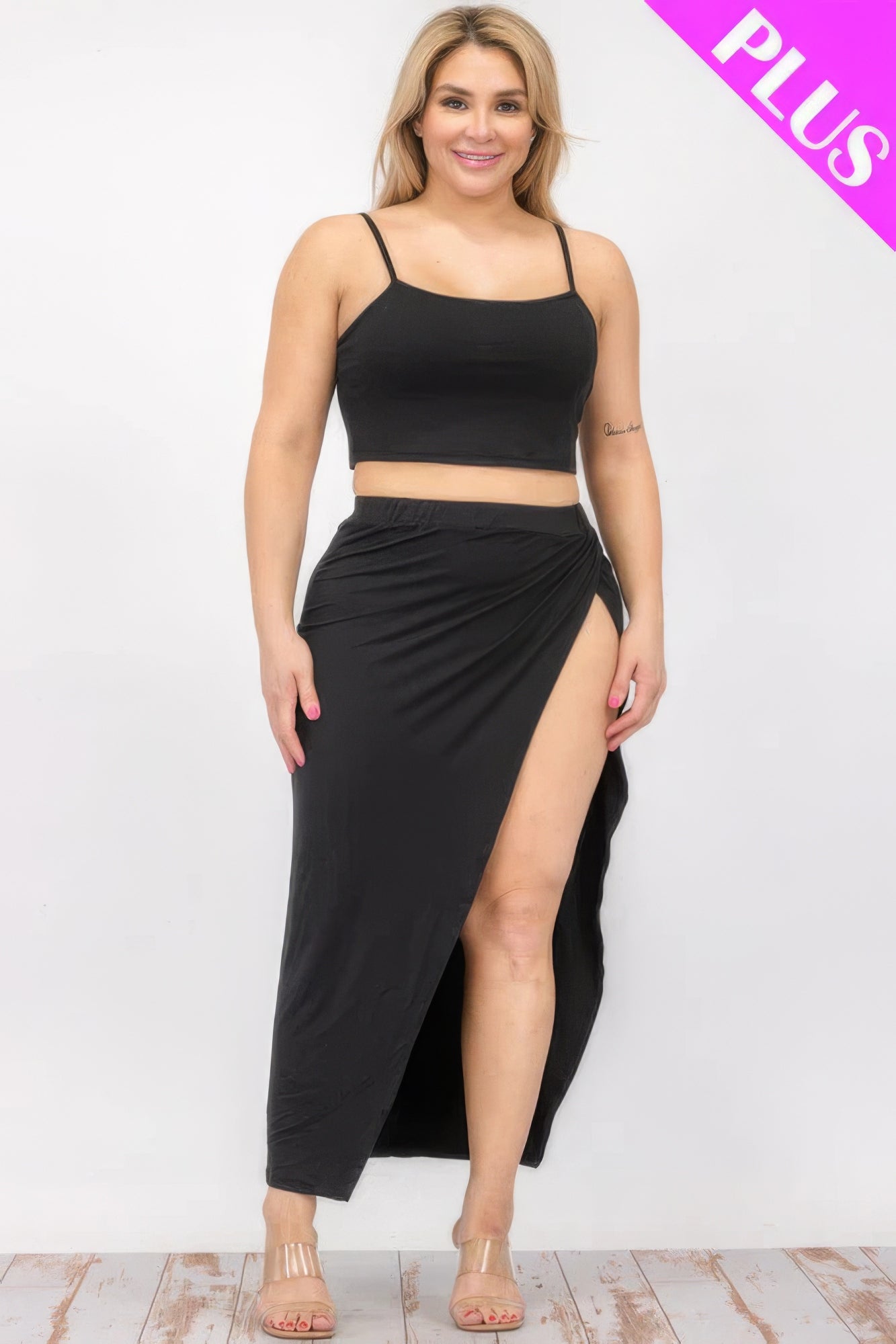 Plus Size Crop Cami & Split Thigh Maxi Skirt Set – Polyester & Spandex, Flattering Plus-Size Fit, Perfect for Casual Outings & Formal Events